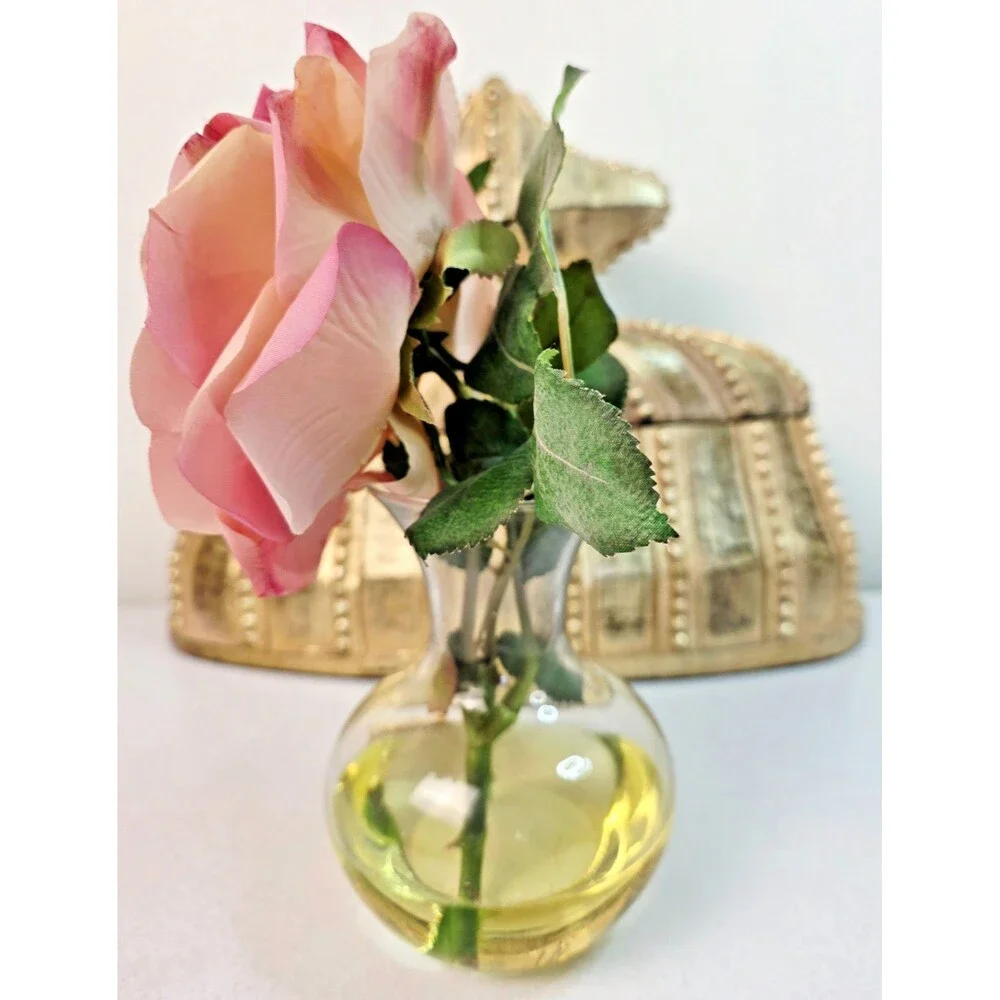 Vintage Faux Pink Cabbage Rose Silk Flower in Glass Vase with Bluebird Nest